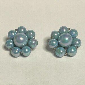 VTG Blue Faux Pearl Cluster Clip On Earrings Japan Silver Tone 1"